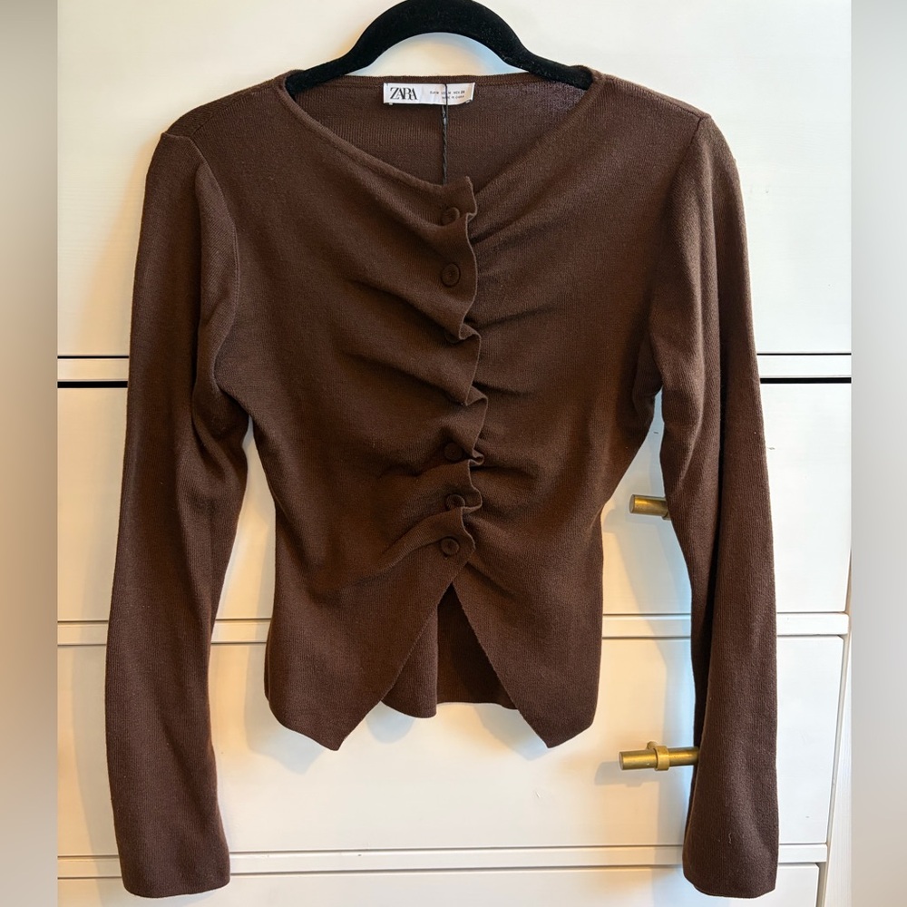 Zara Brown Ruched Button Knit Long Sleeve Top